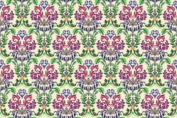 seamless pattern with flowers colorful in damask style motifs suitable wrapping cover print for wallpaper, curtain, clothing, tiles, blanket and fabric design isolated illustration vector EPS files.