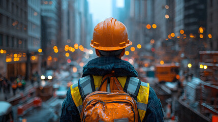 Obraz premium Construction worker looking at city skyline.