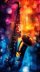 Fototapeta premium Saxophone glowing on colorful bokeh background representing jazz music