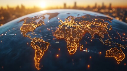 Illuminated global network connections at sunset.