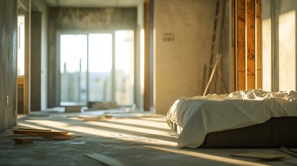 Sunlit Bedroom in an Unfinished House Under Construction