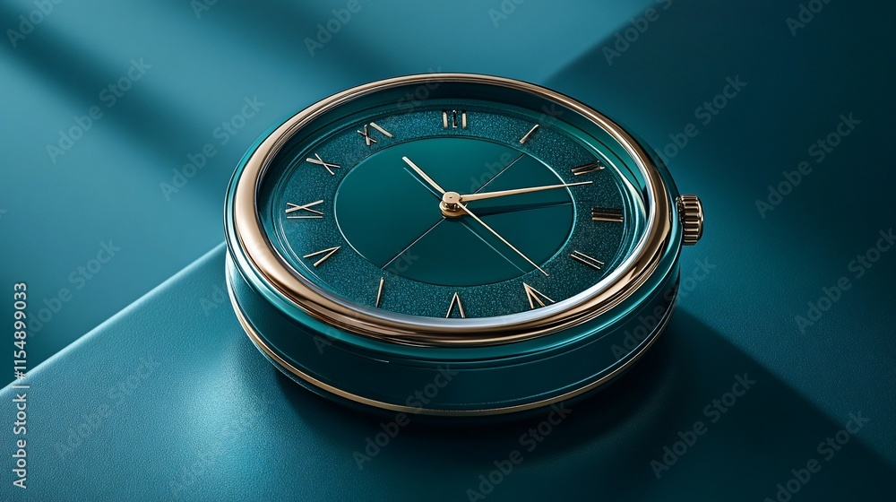 Poster a stylish round clock with roman numerals on a teal surface.