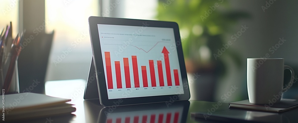 Poster a tablet displaying a bar graph with a positive trend in a business setting.