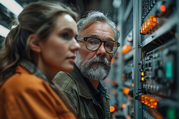 Fototapeta premium A man and woman, IT specialists, inspect server rack.