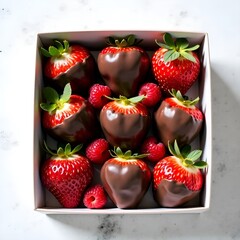 positioned on the right side of the frame, lots of strawberries in dark chocolate with gold leaf spraying, mother-of-pearl beads scattered around, on a light background