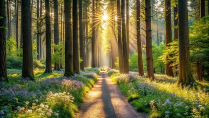 Fototapeta premium Sunlit Path Through a Spring Forest of Tall Trees and Blooming Flowers