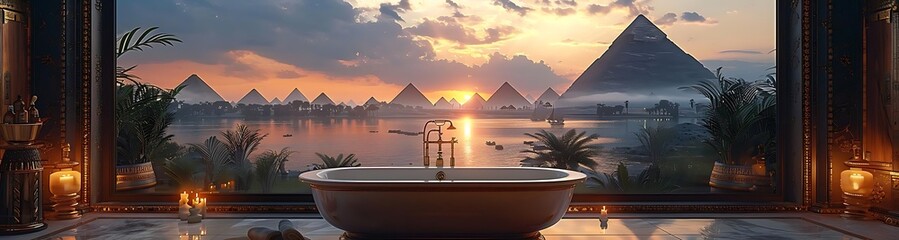 Luxurious bathtub with stunning sunset and pyramid view.