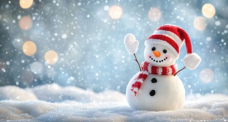 Cheerful Snowman with a Red and White Hat and Scarf Standing in a Snowy Landscape During a Snowfall with Soft Glowing Lights in a Magical Winter Wonderland