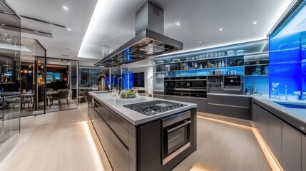 Modern luxury kitchen with island, appliances, and blue accent lighting.