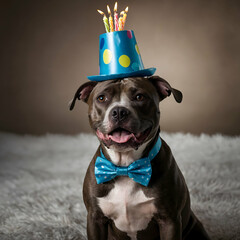 cute bull dog wearing a birthday cap 