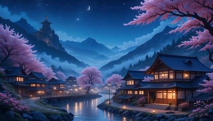 Obraz premium Serene Night Village Scenic Japanese Houses Pink Cherry Blossoms Mountain Background