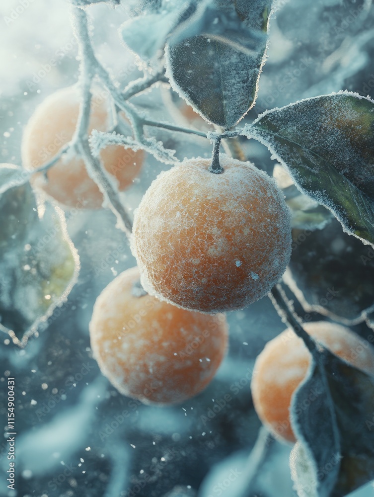 Poster frost-covered oranges hanging on a tree branch in a winter setting.
