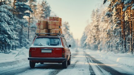 A red car on a snow-covered road, loaded with boxes, surrounded by a serene winter landscape.
