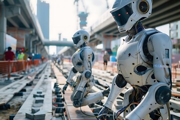 Fototapeta premium Two humanoid robots kneeling on train tracks in a city during construction.