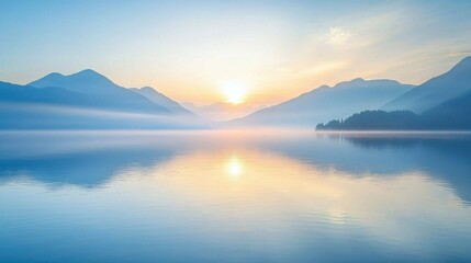 A serene sunrise over misty mountains reflecting in a calm lake, creating a tranquil and picturesque natural scene.