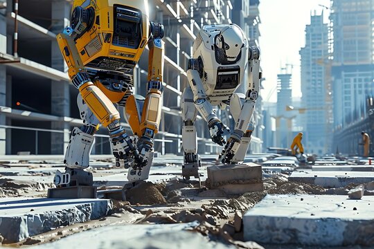 Two robots working on a construction site in a city.