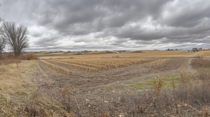 Obraz premium Open Landscape with Overcast Sky and Wide-Angle View