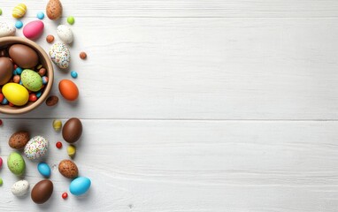 Obraz premium A colorful display of decorated Easter eggs and delicious treats arranged elegantly on a light wooden surface, celebrating the joy and festive spirit of the Easter holiday for family gatherings