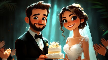 Happy cartoon couple cutting wedding cake.