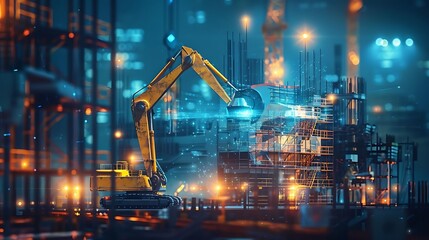 Futuristic construction site at night with robotic excavator and digital overlay.