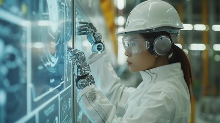 Female engineer in a futuristic factory interacts with a holographic interface using robotic gloves.