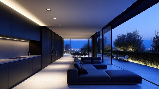 Modern minimalist living room with open plan kitchen and large glass wall overlooking outdoor patio at dusk.