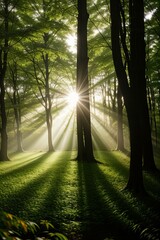 Obraz premium Featuring Sunbeams filtering through leaves in a forest.