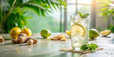 Fototapeta premium Refreshing Iced Citrus and Ginger Drink with Mint Garnish on Sunny Day