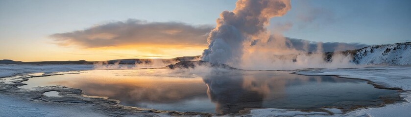 Breathtaking geothermal landscape featuring a steaming geyser at sunset with reflections in calm water, showcasing natural beauty.