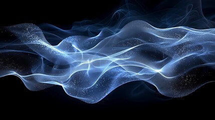 Abstract blue glowing wave particles on black background.