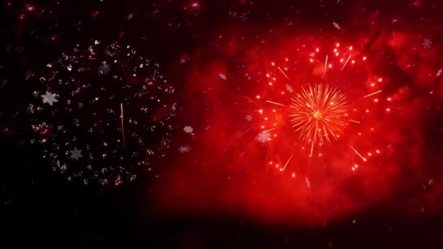Schnee und Feuerwerk auf rotem Hintergrund 16х9.