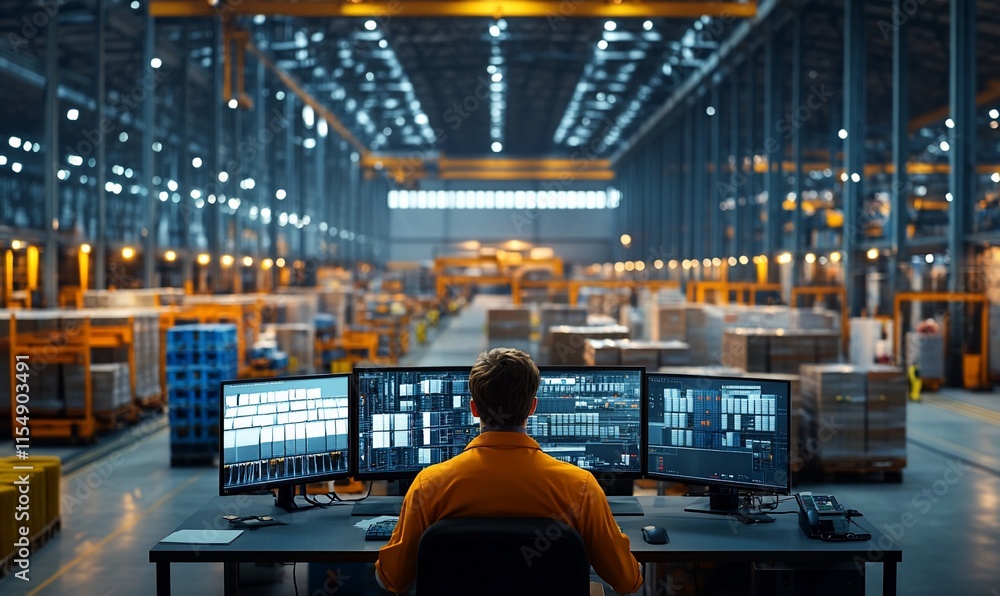 Poster a worker monitors operations in a large warehouse with multiple screens.