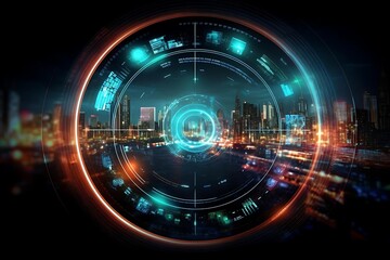Fototapeta premium Futuristic HUD interface overlaying a vibrant cityscape at night.
