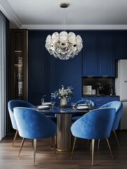 Elegant Blue Dining Room With Modern Chandelier