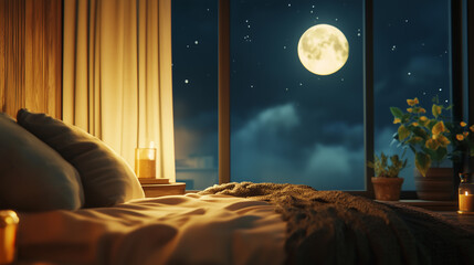 Bed with night light. Bedroom, night light, bed window, moon, background, sleep. Moon with blue background and a white cloud sleeping in window. A bedroom with a window and a moon and lifestyle bed.