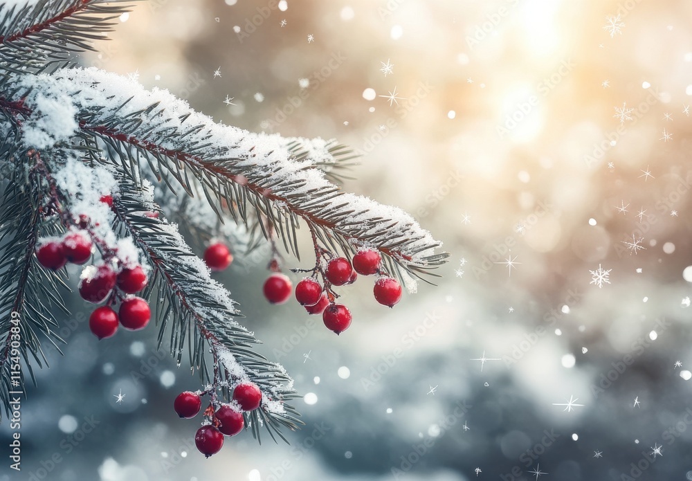 Poster close-up of frost covered pine branch with red berries in soft focus winter scene creating a magical