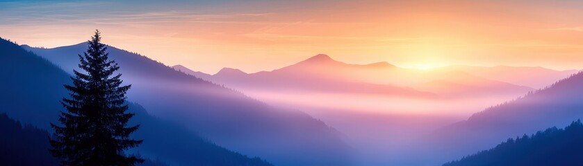 Obraz premium A serene mountain landscape at sunrise, showcasing layered hills and a vibrant sky with hues of purple, orange, and blue.