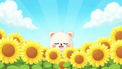 Cute Bear Peeking from Sunflower Field on a Bright Day