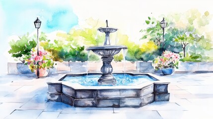 Naklejka premium A serene garden fountain surrounded by vibrant flowers, creating a peaceful atmosphere in a sunlit park.
