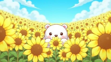 Cute Bear Peeking from Sunflower Field on a Bright Day