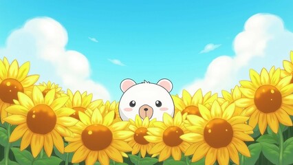 Cute Bear Peeking from Sunflower Field on a Bright Day