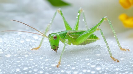 Green katydid on dew-covered petal.