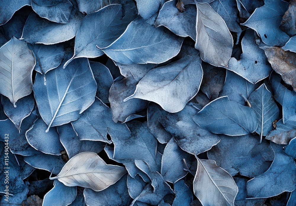 Poster close-up of frosted blue leaves creating a subtle and elegant pattern with intricate details, perfec