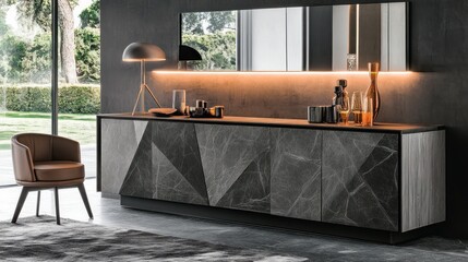 Modern sideboard with geometric marble design in contemporary living room.