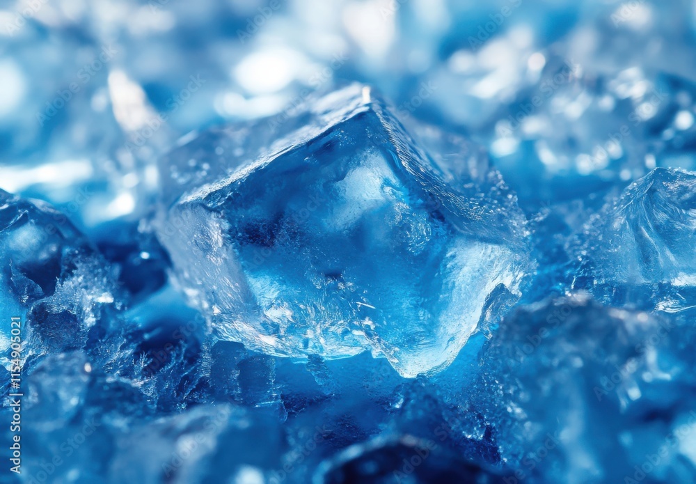 Aufkleber close-up of sparkling blue ice cubes on a reflective surface, capturing light and texture for bevera