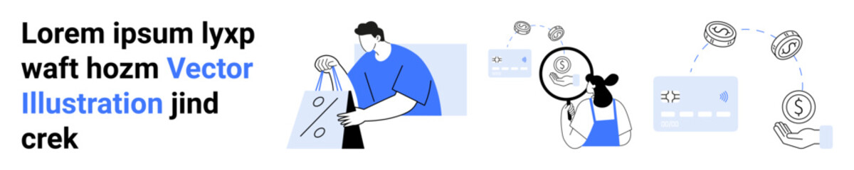 Man working on laptop, woman analyzing documents with magnifying glass, and financial growth concepts with coin icons. Ideal for business analysis, productivity, financial studies, education