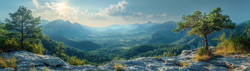 Fototapeta premium A breathtaking panoramic view of mountains, valleys, and lush greenery under a blue sky with fluffy clouds.
