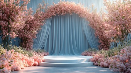 Elegant floral archway with pastel pink blossoms and a white stage.