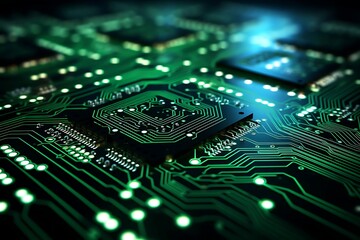 Obraz premium Close-up of a circuit board with glowing green lines and multiple microchips.