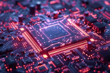 Obraz premium Close-up of a glowing central processing unit (CPU) on a circuit board. (1)